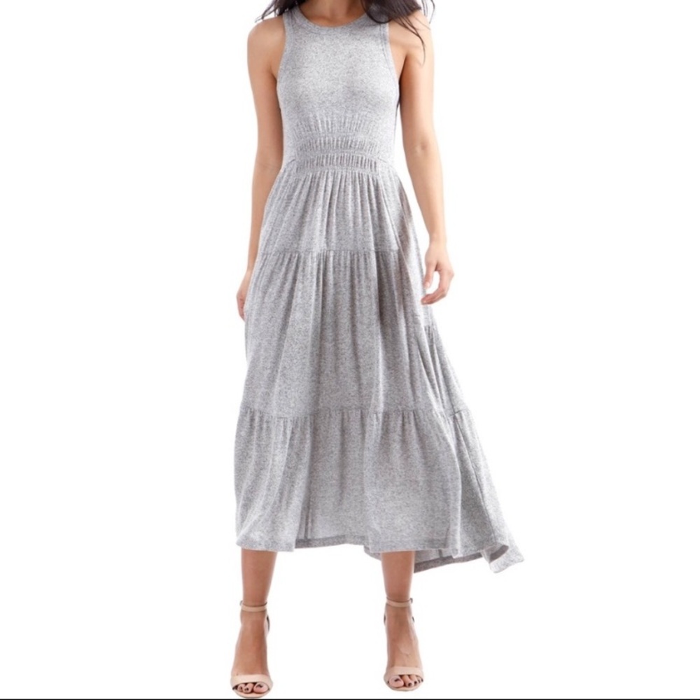 Lucky Brand Womens Maxi Dress Small Tiered Jersey Sleeveless Modern Grey